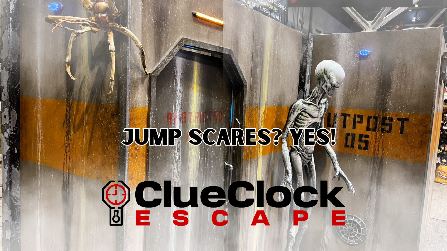 ClueClock's Alien Escape room featuring creepy alien creature and spaceship setting perfect for Halloween scares in Castle Pines.