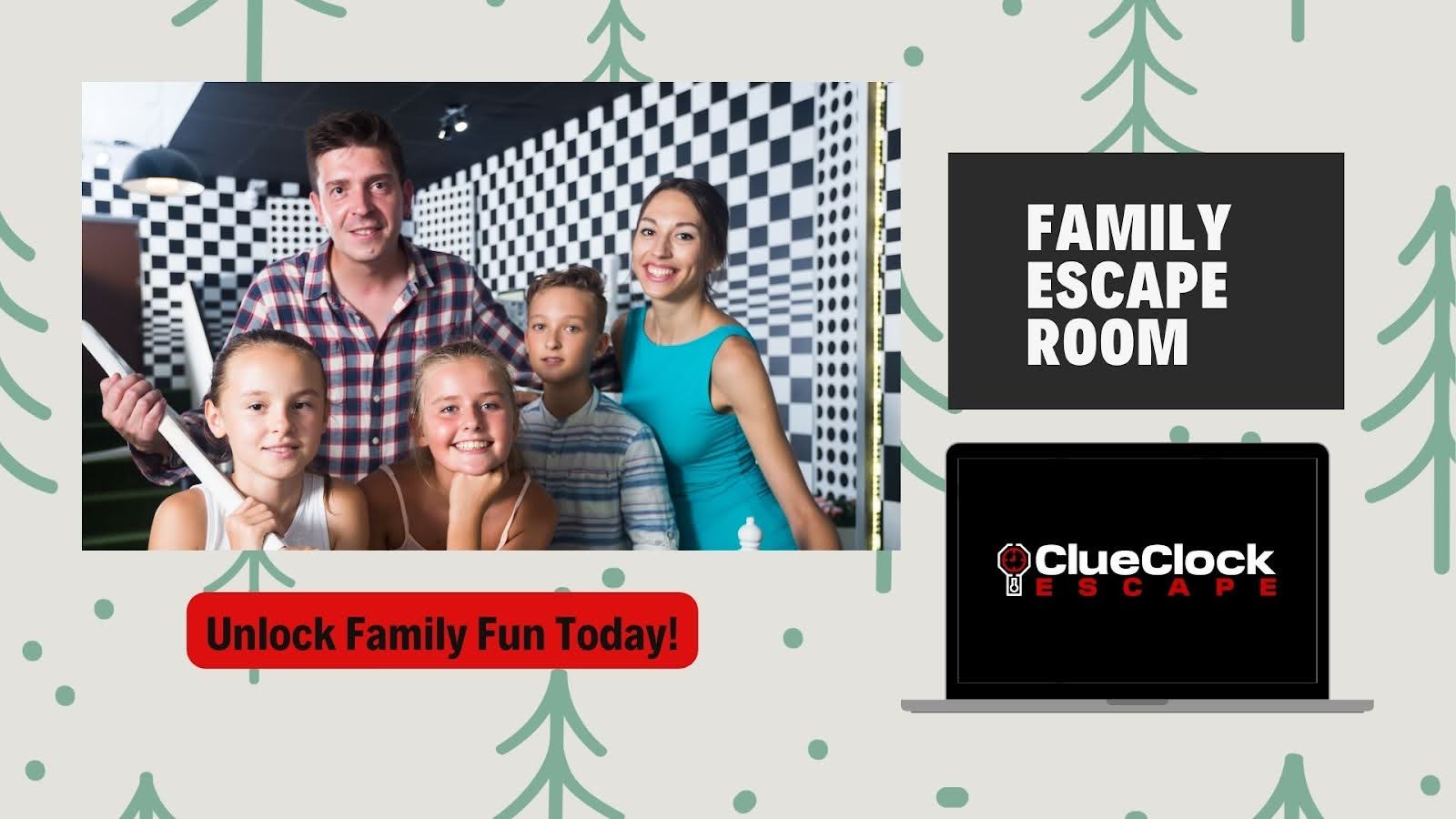 Smiling family of five has great christmas fun in an escape room