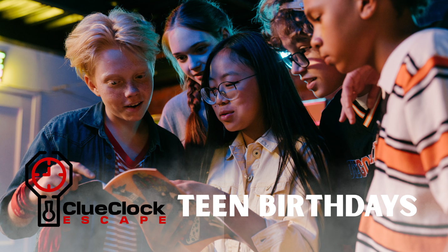 A group of teens at an escape room birthday party.