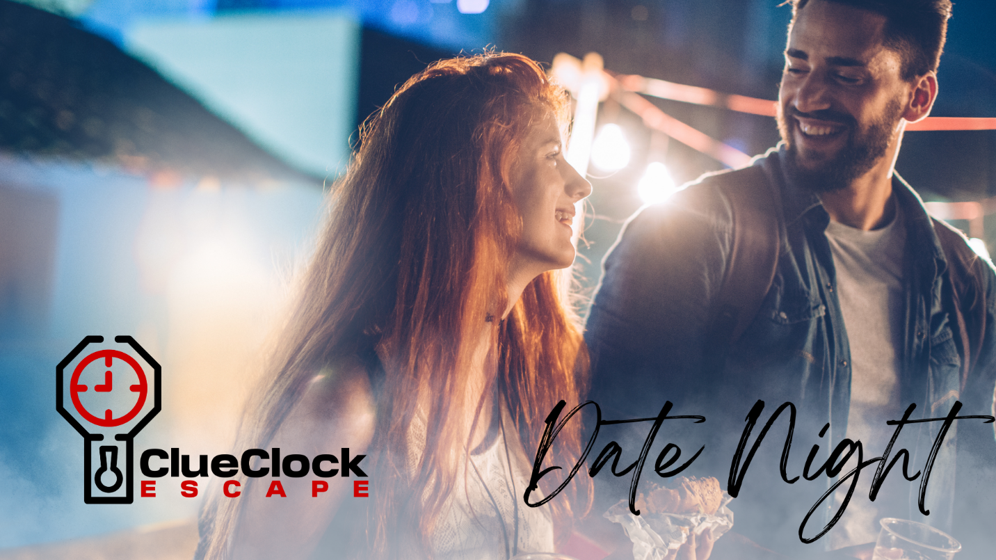 A couple smiling together after an Escape Room Date Night.