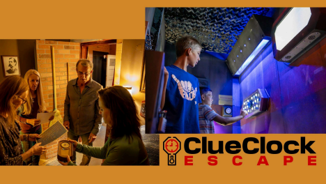Two groups of players at Clue Clock Escape, solving clues in escape rooms