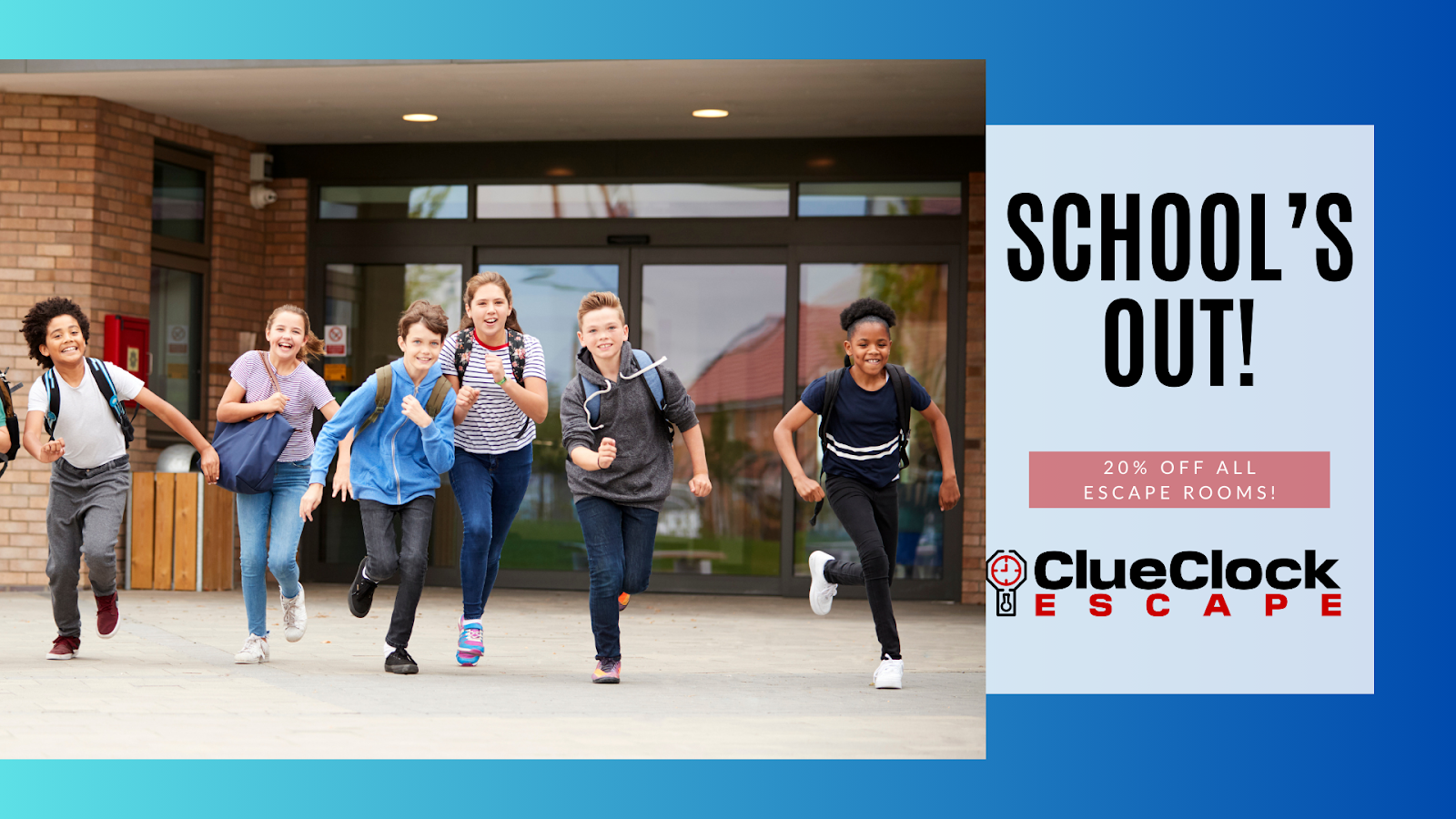 Kids running out of school for the summer with huge smiles on their faces and excited for summer break