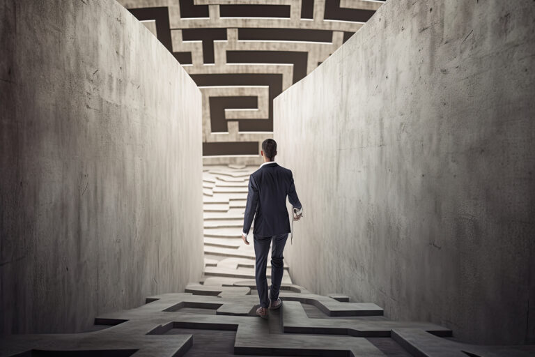 Man walking down a hallway into a labyrinth