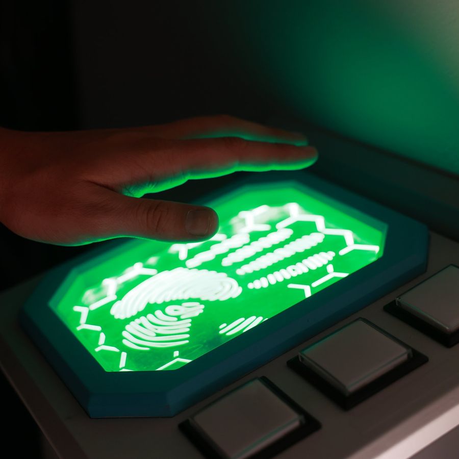 A hand on the fingerprint scanner puzzle in the Denver Bank Heist room