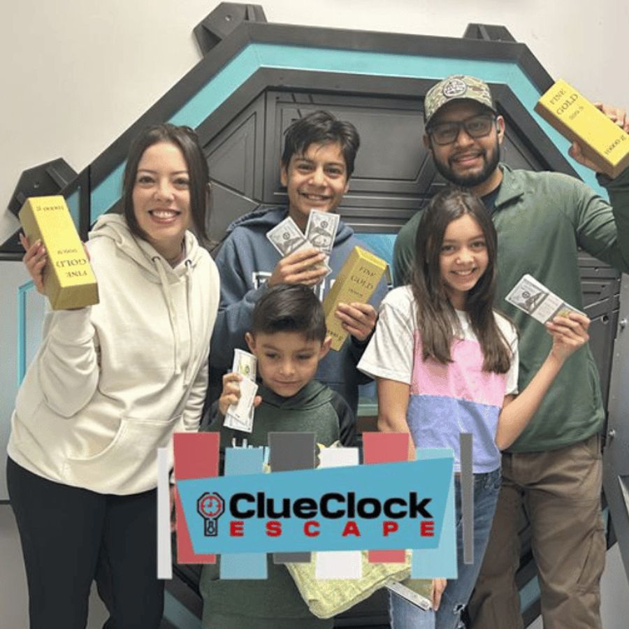 A team posing with the loot after escaping the Bank Heist room