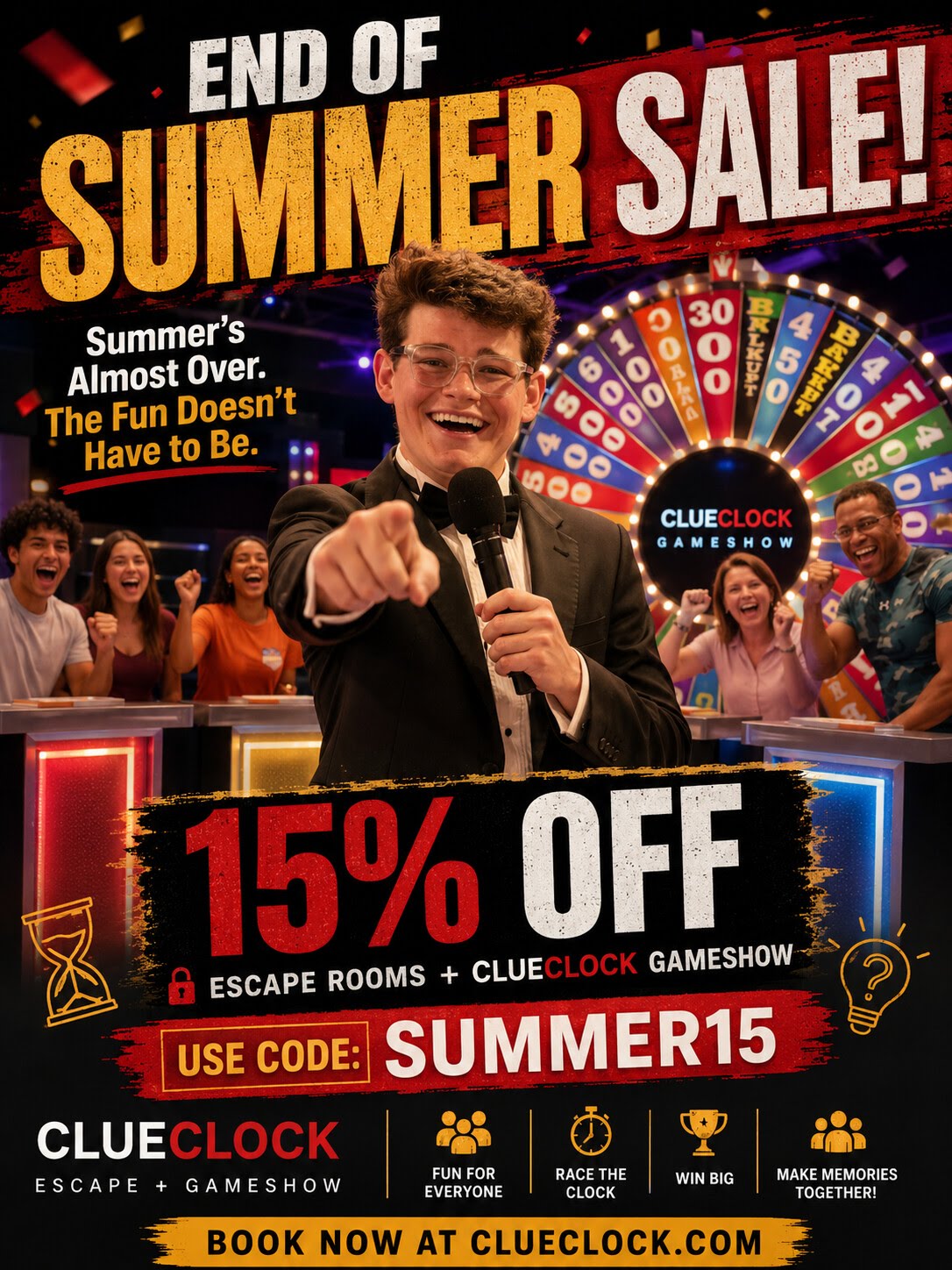 ClueClock End of Summer Sale: 15% off escape rooms and the ClueClock Gameshow with code SUMMER15.
