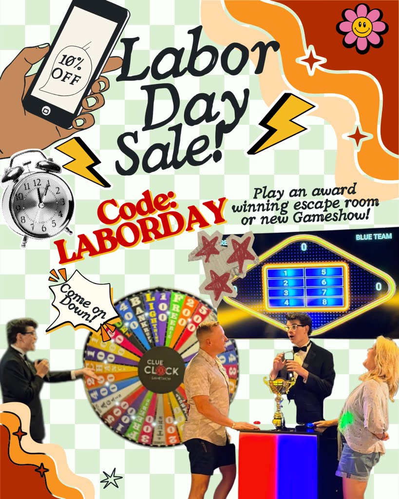 ClueClock Labor Day Sale: 10% off escape rooms and the ClueClock Gameshow with code LABORDAY.